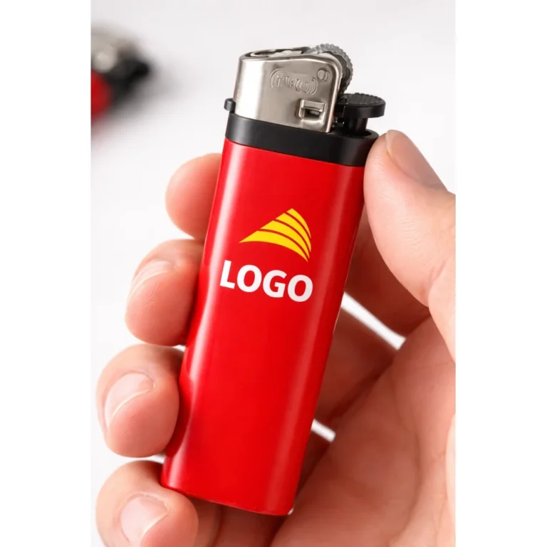 Brichete tip BIC personalizate roșii cu logo prezentate în serie mare, imagine de producție pentru produse promoționale utilizate în campanii de marketing și distribuție corporate.