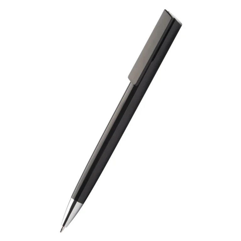 Pix plastic personalizat Quadro negru prezentat pe fundal deschis, pix promoțional elegant pentru branding profesional și personalizare cu logo companie