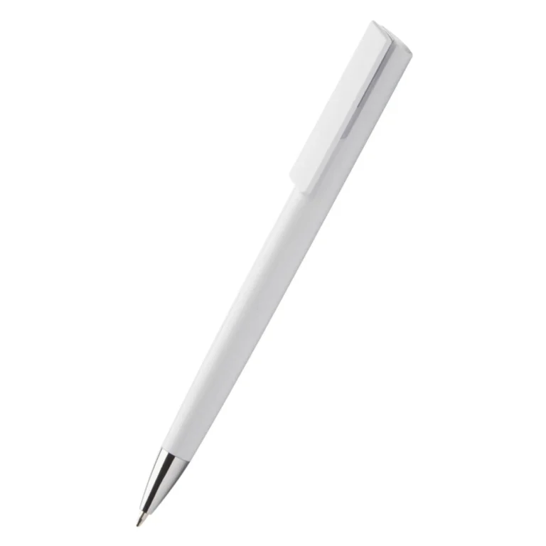 Pix plastic personalizat Quadro alb prezentat pe fundal alb, pix promoțional profesional pentru personalizare cu logo companie și campanii de branding corporate