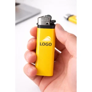 Brichete tip BIC personalizate galbene aliniate în serie pentru prezentare produs promoțional, soluție eficientă pentru distribuție în campanii de marketing și activări de brand.
