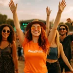 Model feminin purtând tricou damă personalizat orange la un festival în aer liber, atmosferă energică și utilizare lifestyle