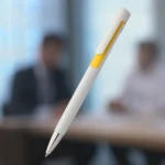 Pix promoțional Nuba White galben fotografiat în context business, produs publicitar pentru firme utilizat în conferințe și campanii de marketing