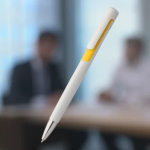 Pix promoțional Nuba White galben fotografiat în context business, produs publicitar pentru firme utilizat în conferințe și campanii de marketing