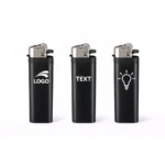 Brichete tip BIC personalizate negre prezentate cu exemple de logo și text, demonstrație opțiuni de personalizare pentru produse promoționale destinate campaniilor de marketing.