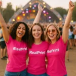 Grup de prietene purtând tricouri personalizate purpurii la un festival în aer liber, exemplu de utilizare pentru evenimente și comunități