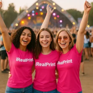 Grup de prietene purtând tricouri personalizate purpurii la un festival în aer liber, exemplu de utilizare pentru evenimente și comunități