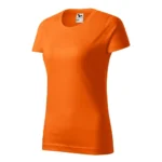 Tricou damă personalizat portocaliu prezentat din perspectivă trei sferturi pentru evidențierea formei și a materialului