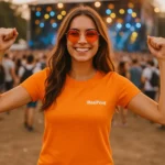 Model feminin purtând tricou damă personalizat orange într-un cadru de festival cu lumini colorate în fundal
