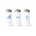 Brichetă tip BIC albă personalizată cu logo ținută în mână, imagine realistă de utilizare pentru produse promoționale utilizate zilnic.