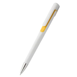Pix plastic personalizat Nuba White galben evidențiind designul modern cu corp alb și accente galbene, produs promoțional pentru branding corporate și evenimente business