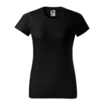 Tricou damă personalizat negru prezentat frontal pe fundal neutru pentru evidențierea croielii și a suprafeței de personalizare
