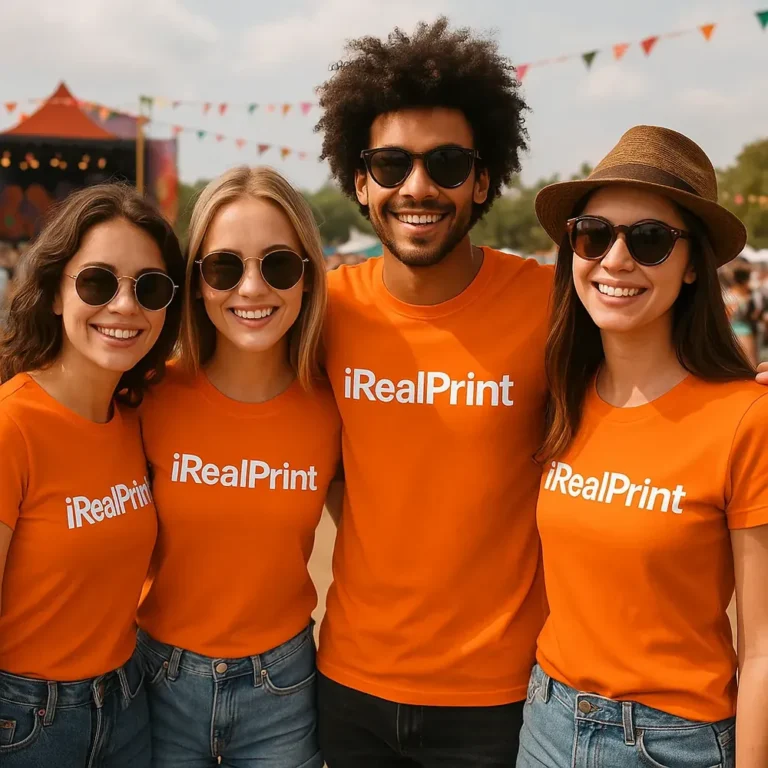 Grup de prieteni purtând tricouri personalizate portocalii la un festival în aer liber, exemplu de utilizare pentru evenimente și echipe