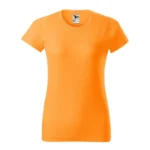 Tricou damă personalizat orange prezentat frontal pe fundal neutru pentru evidențierea formei și a suprafeței de personalizare