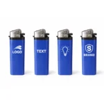 Brichetă tip BIC albastră personalizată cu logo aprinsă, prezentare produs promoțional utilizat frecvent pentru branding și marketing vizibil.