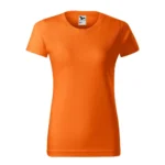 Tricou damă personalizat portocaliu prezentat frontal pe fundal neutru pentru evidențierea croielii feminine și a suprafeței de personalizare