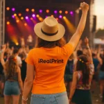 Persoană purtând tricou damă personalizat orange văzut din spate la un concert în aer liber, exemplu de utilizare lifestyle
