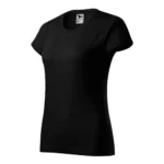 Tricou damă personalizat negru prezentat din perspectivă trei sferturi pentru evidențierea formei și a materialului