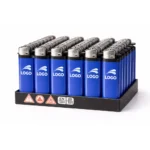 Brichete tip BIC personalizate în culorile roșu, galben și albastru prezentate împreună, demonstrație de variante cromatice pentru produse promoționale.