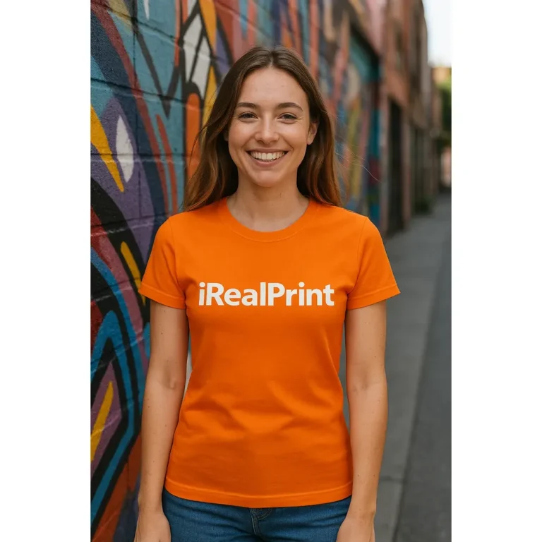 Model feminin purtând tricou damă personalizat portocaliu într-un cadru urban cu graffiti, ilustrând stilul casual și utilizarea în ținute moderne