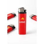 Brichete tip BIC roșii personalizate cu exemple de logo, text și simbol grafic, prezentare opțiuni de personalizare pentru produse promoționale destinate companiilor.