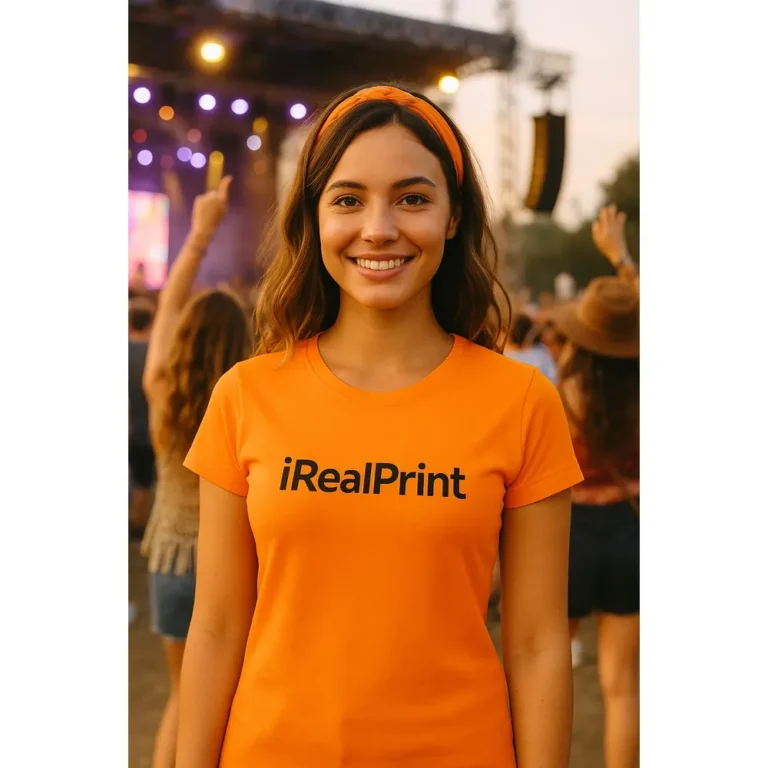 Model feminin purtând tricou damă personalizat orange la un eveniment în aer liber, ilustrând utilizarea casual și modernă
