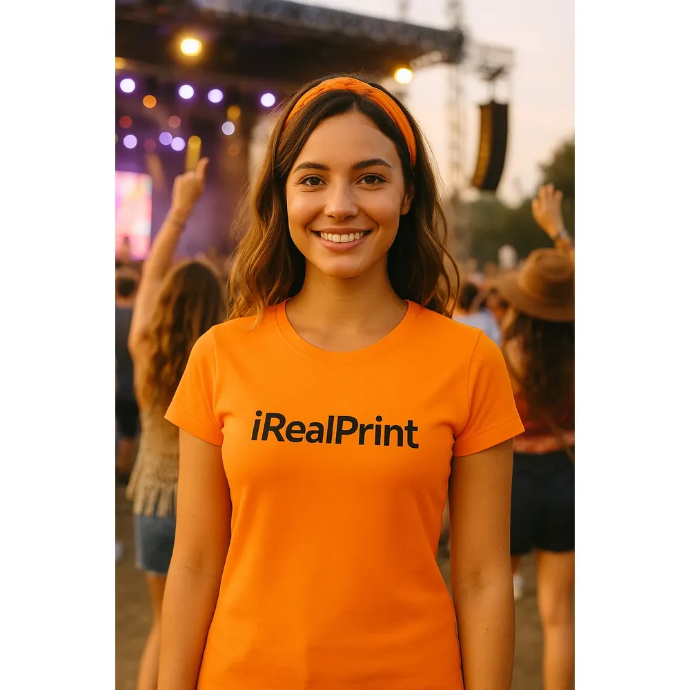 tricou-dama-personalizat-orange-lifestyle-model-eveniment Model feminin purtând tricou damă personalizat orange la un eveniment în aer liber, ilustrând utilizarea casual și modernă