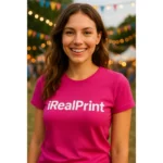 Grup de prietene purtând tricouri damă personalizate roz orhidee într-un cadru de festival cu atmosferă vibrantă și casual