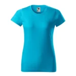 Tricou damă personalizat turcoaz prezentat frontal pe fundal neutru, evidențiind croiala feminină și suprafața ideală pentru personalizare