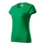 Tricou damă personalizat verde mediu prezentat din perspectivă trei sferturi, evidențiind croiala feminină și suprafața pentru personalizare