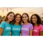 Grup de prietene purtând tricouri personalizate turcoaz la festival în aer liber, exemplu de utilizare pentru evenimente și comunități