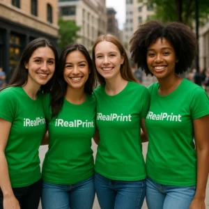 Grup de femei purtând tricouri damă personalizate verde mediu într-un cadru urban modern, exemplu de utilizare pentru echipe sau branding