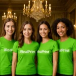 Grup de femei purtând tricouri damă personalizate verde măr într-un interior elegant, exemplu de utilizare pentru echipe sau branding