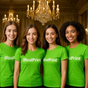 Grup de femei purtând tricouri damă personalizate verde măr într-un interior elegant, exemplu de utilizare pentru echipe sau branding