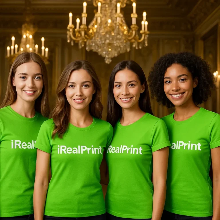 Grup de femei purtând tricouri damă personalizate verde măr într-un interior elegant, exemplu de utilizare pentru echipe sau branding
