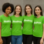 Grup de femei purtând tricouri damă personalizate verde măr într-un decor urban modern, exemplu de utilizare pentru echipe