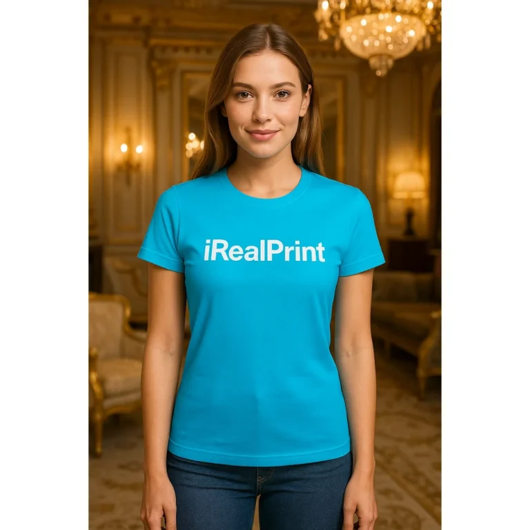 Model feminin purtând tricou damă personalizat turcoaz într-un interior elegant, evidențiind stilul modern și croiala produsului