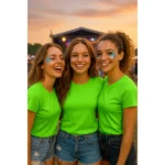 Grup de femei purtând tricouri damă personalizate verde măr într-un cadru de festival în aer liber, stil casual și energic