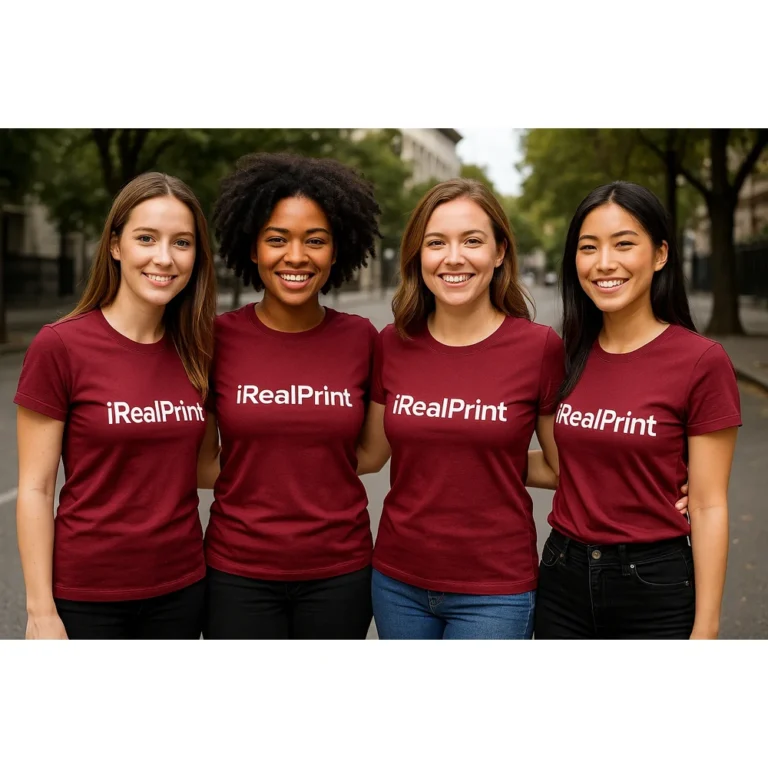 Tricou damă personalizat garnet prezentat frontal pe fundal neutru, croială feminină modernă și suprafață ideală pentru personalizare
