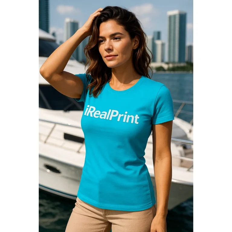 Model feminin purtând tricou damă personalizat turcoaz lângă o ambarcațiune modernă, stil casual premium