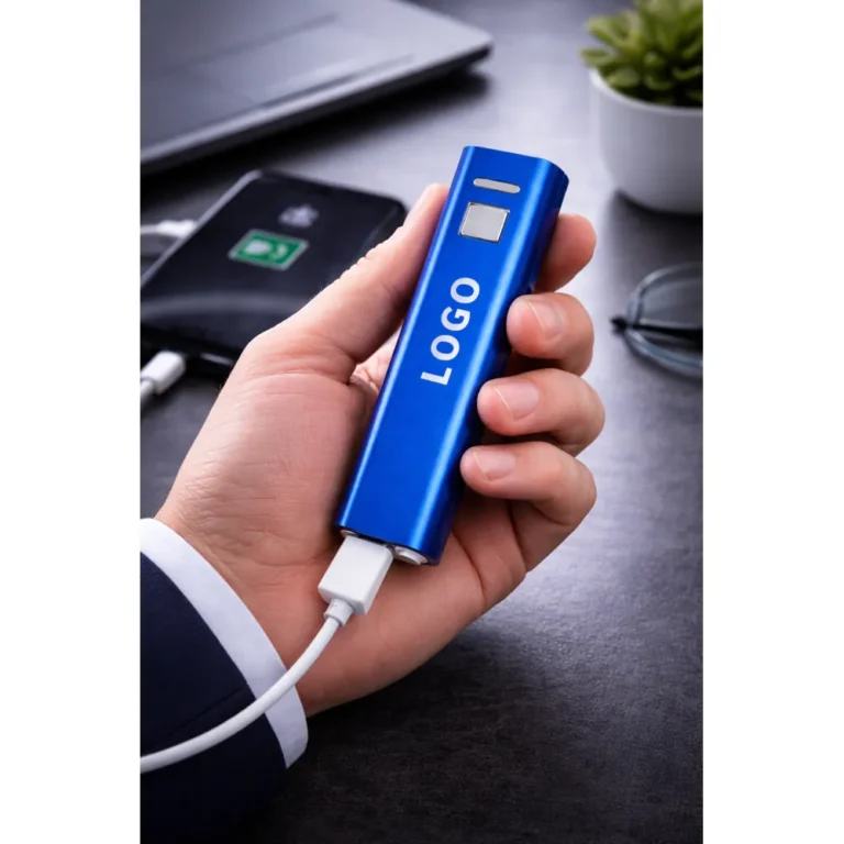 Baterie externă personalizată albastră utilizată pentru încărcarea telefonului, power bank promoțional practic pentru evenimente și campanii corporate