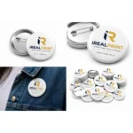 Insigna personalizata 33mm cu logo iRealPrint, model metalic cu sistem de prindere sigur, ideala pentru promovare rapida si vizibilitate constanta