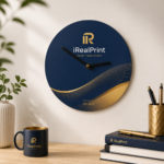 Detaliu close-up ceas personalizat cu logo iRealPrint in culori navy si gold, evidentiind claritatea printului si finisajul premium