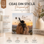 Ceas din sticla personalizat cu fotografie romantica, cadou ideal pentru cupluri, design minimalist si impact vizual puternic