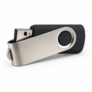 Stick memorie USB negru personalizat cu logo, carcasa metalica rotativa si design premium pentru branding profesional si cadouri corporate