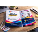 Mapă personalizată interior și exterior deschisă pe birou, cu buzunar integrat și design color pentru prezentare profesională completă