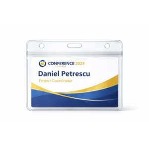 Suport ecuson orizontal din PVC flexibil transparent cu badge personalizat, vizibilitate clara pentru identificare rapida si profesionala