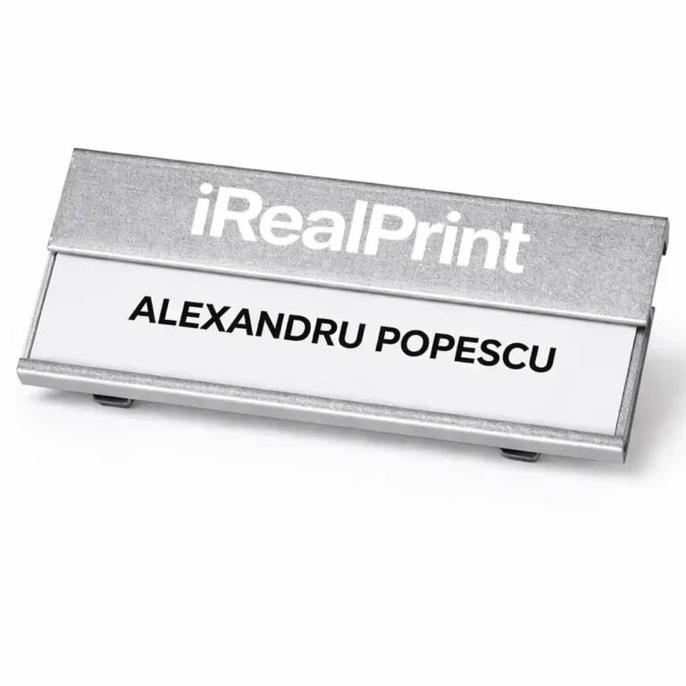 Set ecusoane metalice argintii din aluminiu pentru echipa, personalizare uniforma pentru branding elegant si imagine corporate profesionala
