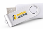 Stick USB alb personalizat cu logo, design minimalist si elegant, ideal pentru branding profesional si campanii business
