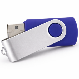 Stick memorie USB albastru personalizat cu logo, carcasa metalica rotativa si design modern pentru branding profesional si cadouri corporate