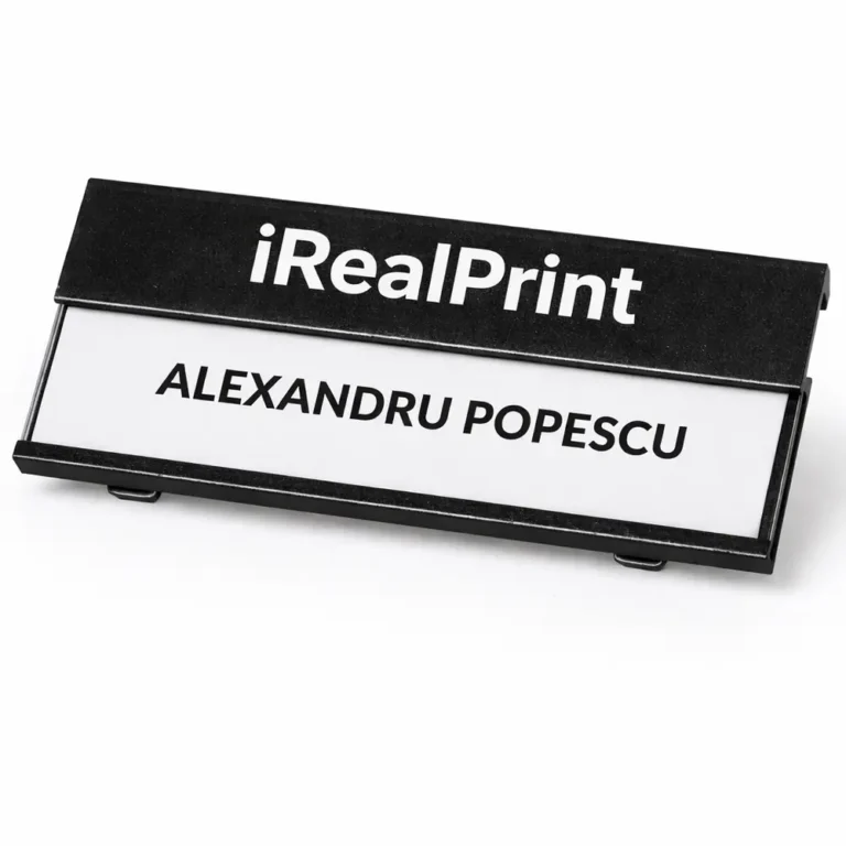 Detaliu ecuson aluminiu negru cu personalizare precisa, contrast ridicat intre text si fundal pentru lizibilitate maxima